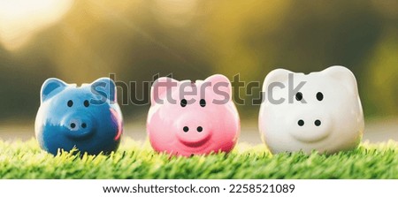 Three piggy banks placed place on the grass. Saving for future investment, retirement concept. planning savings money of coins to buy a home concept for property, mortgage and real estate investment.