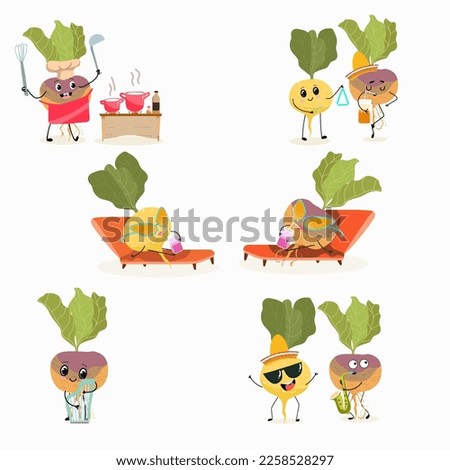 Vector Illustration with funny cartoon characters set of swede, rutabaga, turnip, collection of characters doing sports, playing musical instruments, riding. Funny and healthy food. 