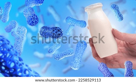 Substance microbiome. White medicine bottle in hand. Healthy nutrition to improve microbiome. Organism microbiome for immunity. Bottle with probiotic preparation. Biologically active drugs for health Royalty-Free Stock Photo #2258529113