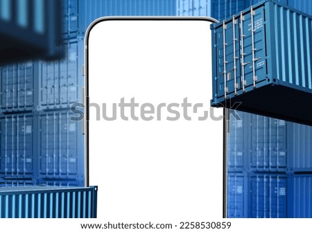 Phone template. Cargo containers near smartphone. Mock up for logistics business. Phone with blank screen. Place for advertising logistics company. Containers symbolize transport business. 3d image