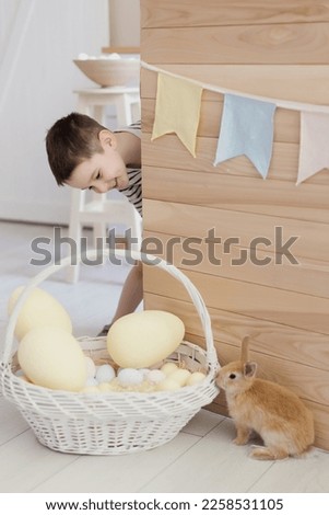Caucasian boy with cute bunny on a light kitchen interior with Easter decorations