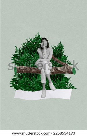 Vertical creative photo collage illustration of positive cheerful charming girl sit on branch dreaming isolated on grey color background Royalty-Free Stock Photo #2258534193