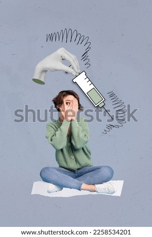 3d retro creative artwork template collage of scared lady arms cover face nervous because of vaccination isolated painting background