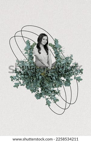 Photo cartoon comics sketch collage picture of charming lady sitting inside green bush isolated drawing background