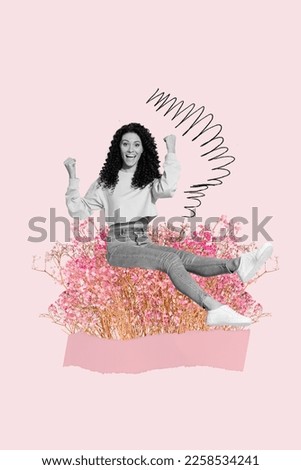 Creative collage black white filter photo picture poster postcard of happy girl celebrate march day isolated on pink painting background