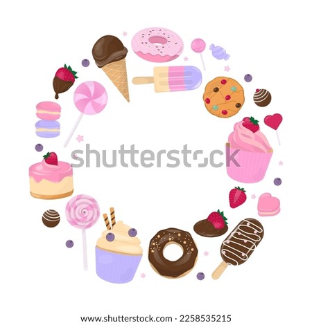 Pasel dessert banner. Cupcake, doughnut, ice cream,  candy, and sweets on white background. Hand-draw style. 