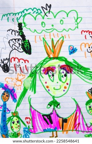 Children's hand-drawn drawing. Cute girl, fairy tale princess in doodle style. Abstract sketch background