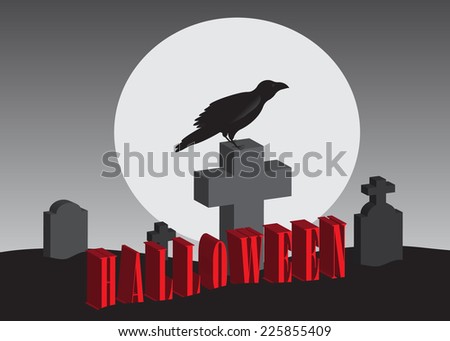 The word Halloween and a night landscape on a cemetery