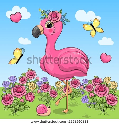Cute cartoon pink flamingo in the rose garden. Vector illustration of a bird on a blue background with clouds, butterflies and hearts.