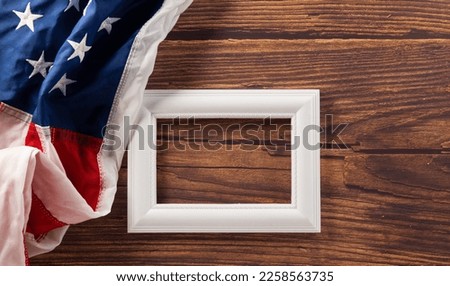 Presidents Day. flag of United States American and photo frame with space, USA flag for Memorial day on abstract wooden background, Banner template design of presidents day, Holiday background concept