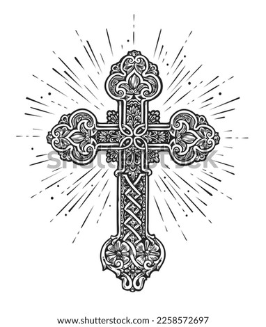 Cross and rays of radiance. Worship, church, bible, prayer symbol. Faith in God sketch illustration
