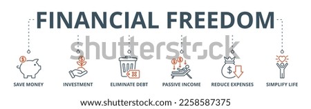 Financial freedom banner web icon vector illustration concept with icon of save money, investment, eliminate debt, passive income, reduce expenses, simplify life Royalty-Free Stock Photo #2258587375
