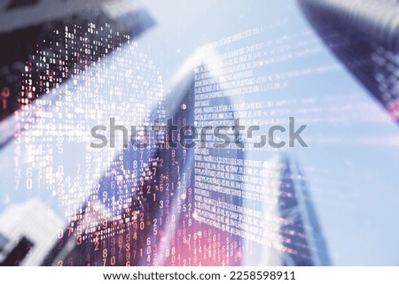 Abstract virtual creative code skull hologram on blurry cityscape background, theft of personal data and malware concept. Multiexposure