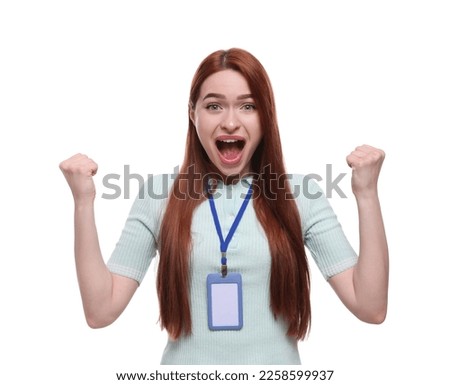 Emotional woman with vip pass badge on white background