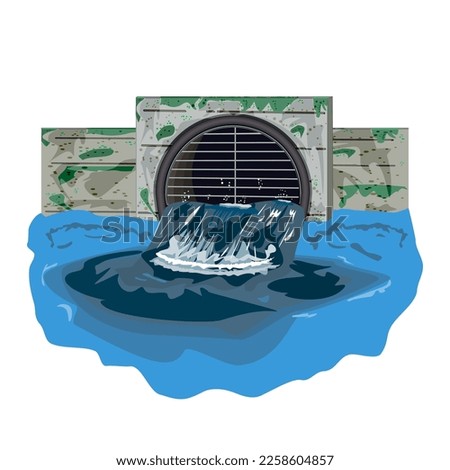 Wastewater and sewer pipe. Dirty water flowing from tube. Ecological disaster, dirty toxic effluents, environmental pollution. Industrial pipe releases toxic waste into the river. Vector illustration Royalty-Free Stock Photo #2258604857