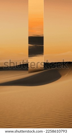 Sand. Sunset. Beautiful landscape of desert with futuristic figure design element. Abstract art. Design for wallpaper for your device screen, poster, picture. Concept of art, creativity, surrealism Royalty-Free Stock Photo #2258610793