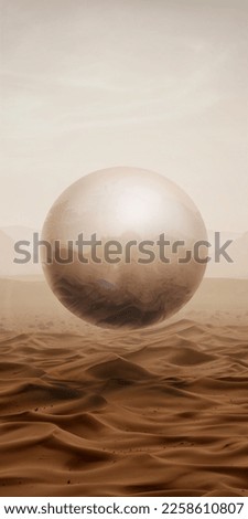 Beautiful landscape of desert with futuristic moon figure design element. Abstract art. Design for wallpaper for your device screen, poster, picture. Concept of art, creativity, surrealism