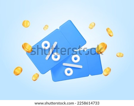 3D discount coupon illustration, vector voucher gift, bar code, yellow lucky ticket, percent sign. Sale bonus points illustration. Discount vouchers with falling coins. vector illustration Royalty-Free Stock Photo #2258614733