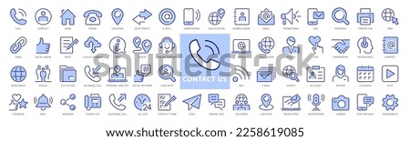 Set of 60 Contact Us Thin Line Icons. Big Blue and White icons pack. Chat, support, phone, globe, message, email, call. Vector illustration. Royalty-Free Stock Photo #2258619085