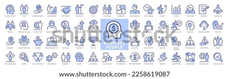 Set of 60 Business People Thin Line Icons. Big Blue and White icons pack. Leadership, Teamwork, Career, Partnership, Goal, Meeting, Solution. Vector illustration.
