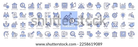 Set of 60 Finance Thin Line Icons. Big Blue and White icons pack. Money, Stock Market, Savings, Investment, Unicorn, Currency, Revenue. Vector illustration. Royalty-Free Stock Photo #2258619089
