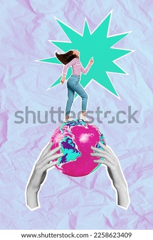 Creative photo 3d collage artwork poster postcard of active energetic girl have fun weekend party isolated on painting background