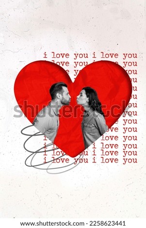 Creative photo collage poster postcard of happy people wife husband romantic event honeymoon isolated on drawing background