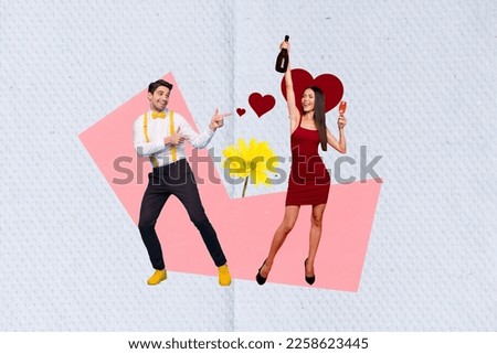 Greeting picture photo collage poster postcard of two happy people dancing holiday event isolated on drawing background