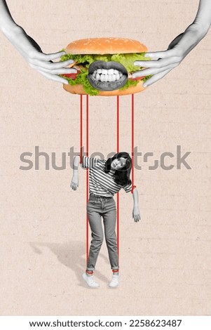 Photo sketch graphics collage artwork picture of unhappy upset lady having junk food addiction isolated drawing background Royalty-Free Stock Photo #2258623487
