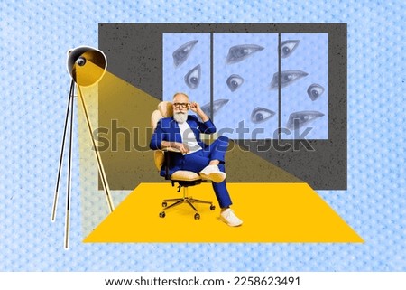 Creative photo 3d collage artwork poster postcard of successful retired man sitting modern office many eyes isolated on painting background
