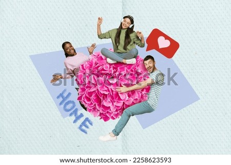 Creative 3d collage photo poster postcard artwork of positive three people have fun good mood isolated on painting background