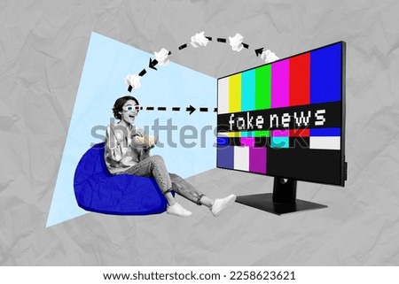 Composite collage picture image of young woman carefree watching big tv set fake news bean bag garbage information propaganda zombie