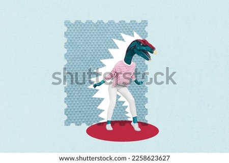 Creative photo collage illustration of funny funky weird angry dinosaur woman screaming shouting isolated on blue color background
