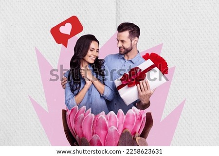 Creative collage photo poster banner postcard of husband congratulate lovely wife 8 march isolated on painted background