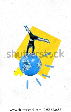 Vertical creative photo collage illustration of motivated young slim fit girl hands standing on earth isolated on yellow color background