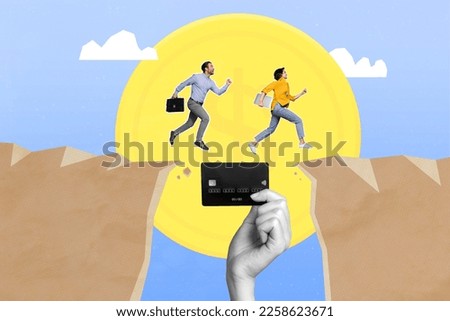 Creative photo 3d collage artwork poster picture of funny people hurrying work make money isolated on painting background