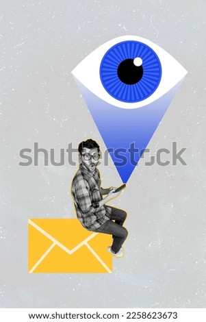 Creative retro 3d magazine collage image of eye peeking guy browsing instagram twitter telegram isolated painting background