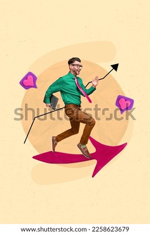 Photo 3d collage magazine poster postcard of happy crazy man running hurrying date isolated on drawing background