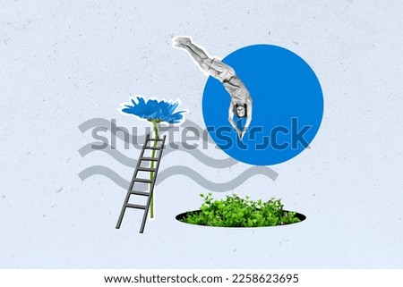 Creative collage artwork picture of little excited black white effect guy jumping diving green flower plant isolated on drawing background