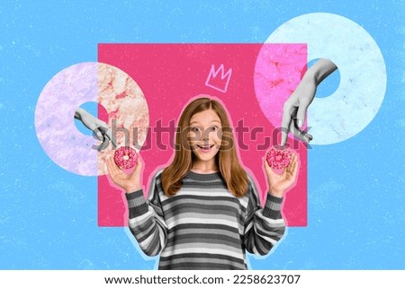 Creative photo 3d collage artwork poster postcard of pretty lovely lady hold tasty dessert like sweet food isolated on painting background Royalty-Free Stock Photo #2258623707