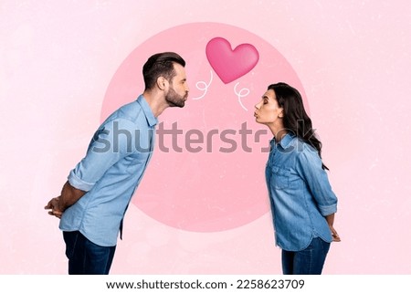 Composite collage image of two peaceful partners closed eyes pouted lips kiss connection heart symbol isolated on painted background