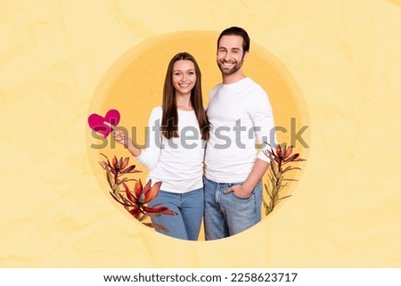 Creative drawing artwork photo collage retro poster postcard portrait of wife husband hugging together isolated on painted background