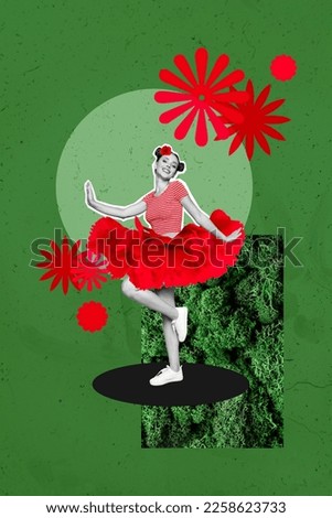 Vertical creative photo collage of cheerful satisfied nice adorable gorgeous girl dancing having fun isolated on green color background