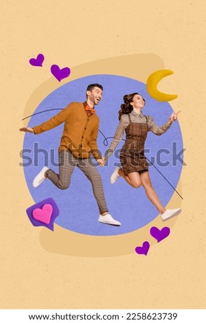 Creative photo picture collage poster postcard of happy positive couple going common goal dream isolated on painted background