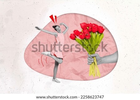 Photo picture 3d collage poster postcard artwork of positive joyful girl rejoice receive red fresh flower isolated on drawing background