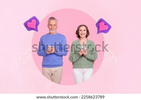 Creative artwork portrait of two aged partners hold use telephone chatting receive like notification isolated on pink background