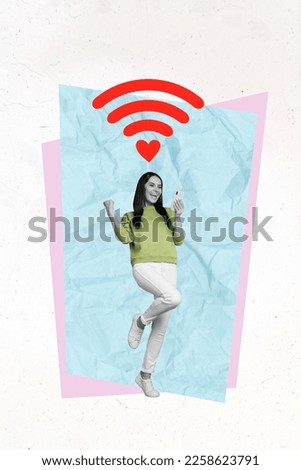 Creative 3d photo collage artwork graphics painting of lucky lady chatting twitter telegram facebook isolated drawing background