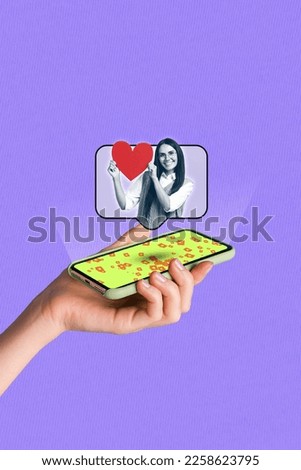 Vertical artwork collage image of arm hold telephone screen mini girl hold like notification telegram twitter instagram