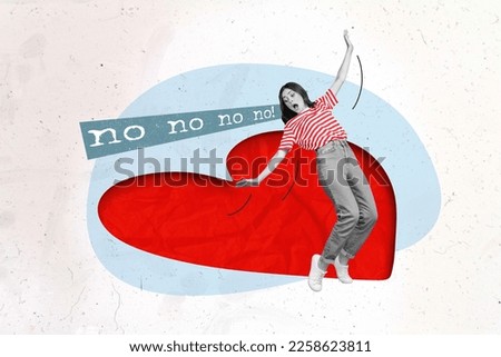 Collage artwork graphics picture of funny lady deny falling in love celebrating 14 february isolated painting background Royalty-Free Stock Photo #2258623811