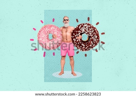 Creative retro 3d magazine collage image of funny funky senior guy holding donut air inflatable circle isolated painting background